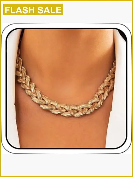Gold Herringbone Snake Chain Choker Necklace with Adjustable Extension - Picture 1 of 7